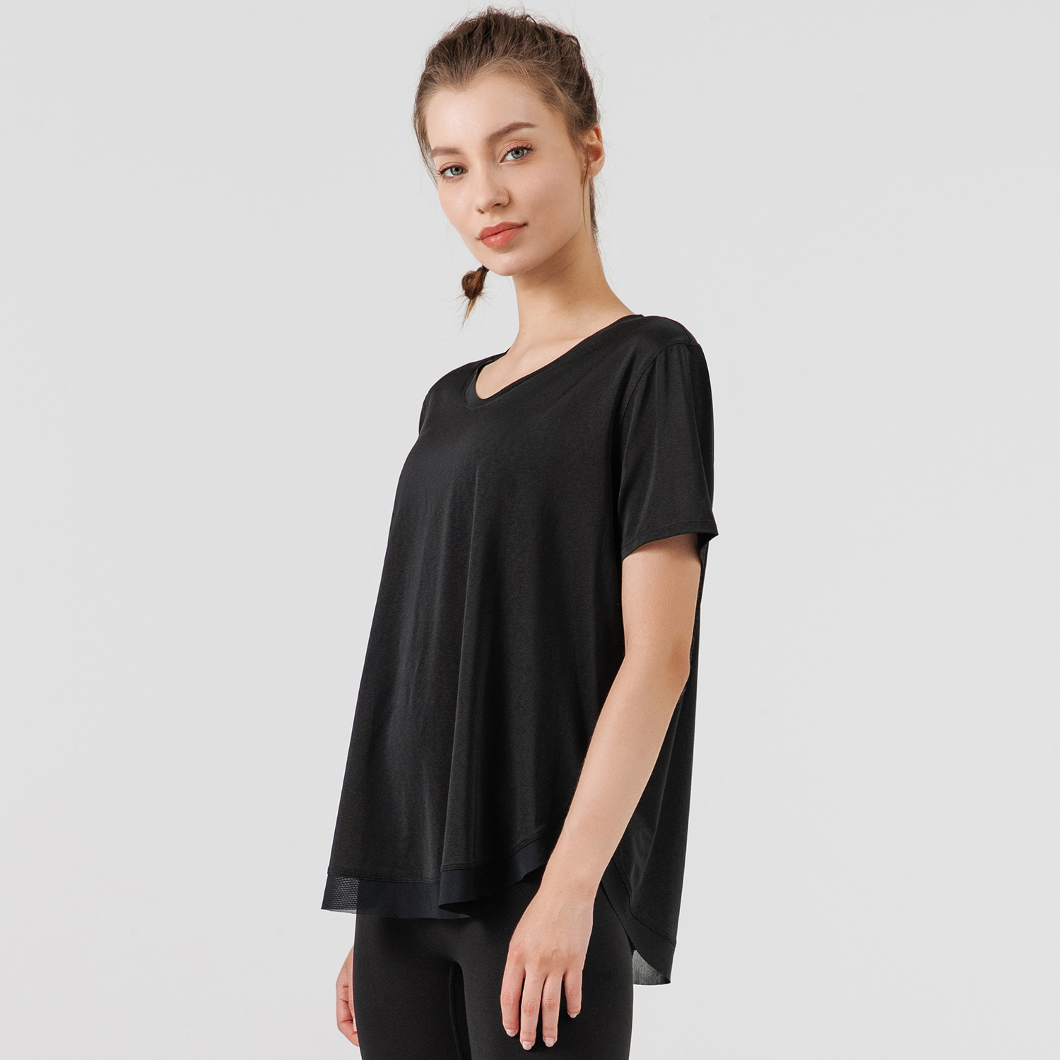 Hergymclothing Black short sleeve v sided split mesh breathable loose sports running t-shirt online shopping