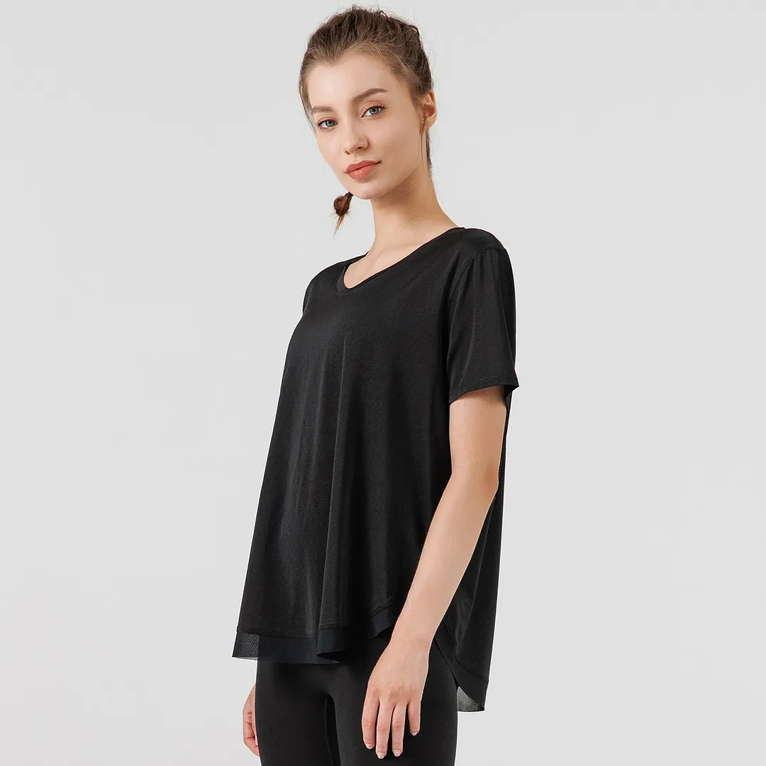 Hergymclothing Black short sleeve v sided split mesh breathable loose sports running t-shirt online shopping