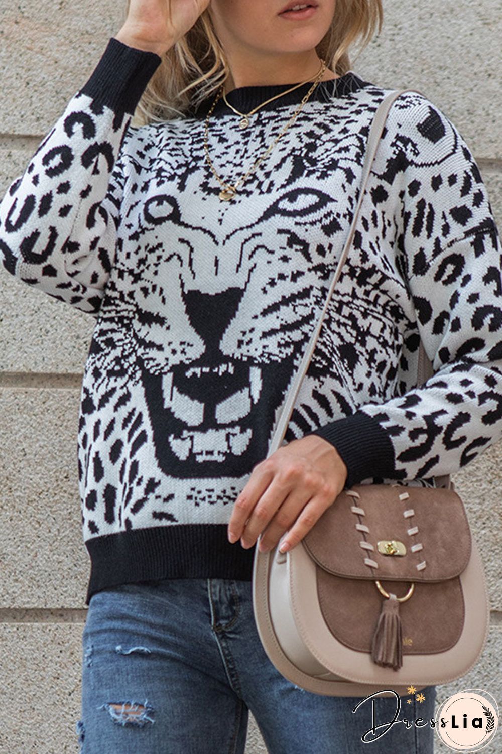 Fashion Casual Leopard Split Joint O Neck Tops