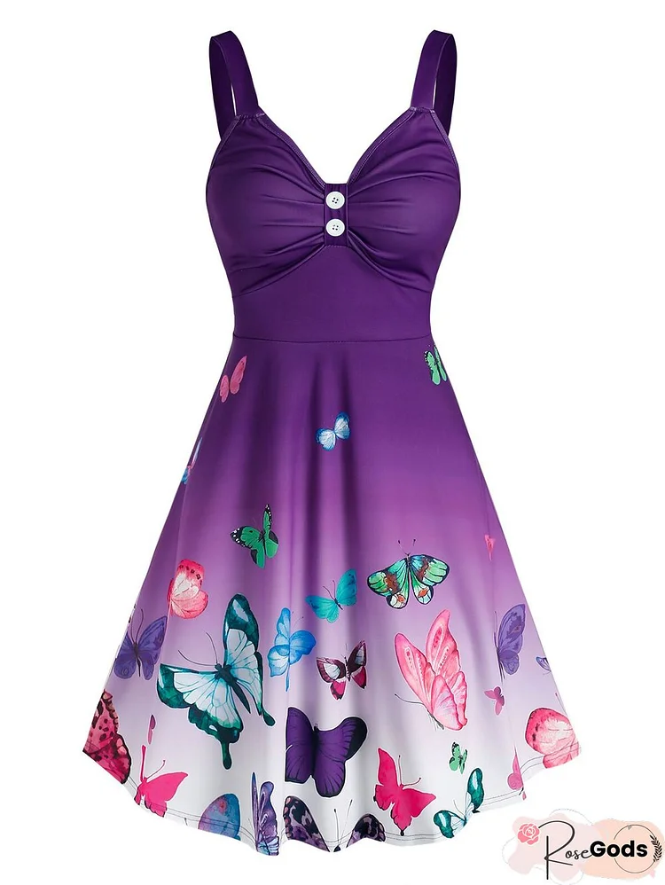 Ombre Color Butterfly Print Ruched Dress Casual Sleeveless V Neck Sling Mini Dress Ruched Dress Women Summer Sexy Dress
