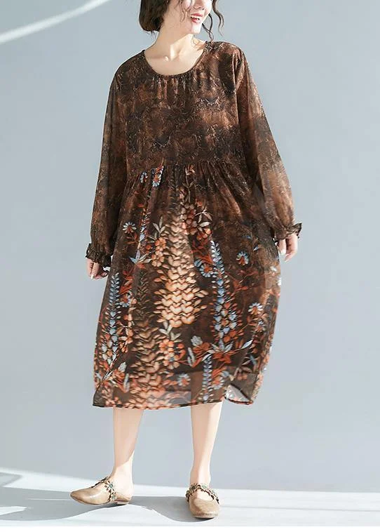 Vivid O Neck Cinched Summer Tunic Catwalk Chocolate Print Plus Size Dresses