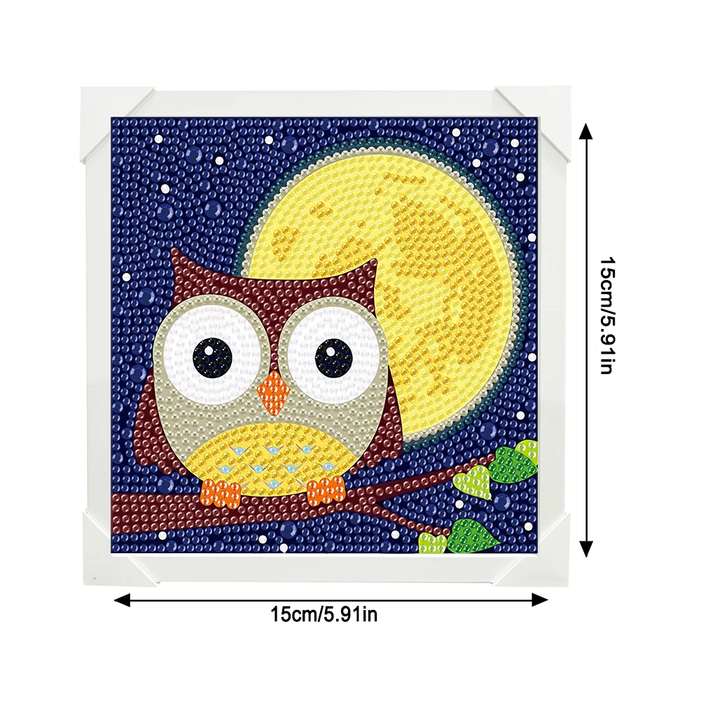 5D DIY Full Round Crystal Rhinestone Diamond Painting Owl Kit Home Decor Art Craft For Kid(Canvas|15*15cm)【with Wooden Frame】