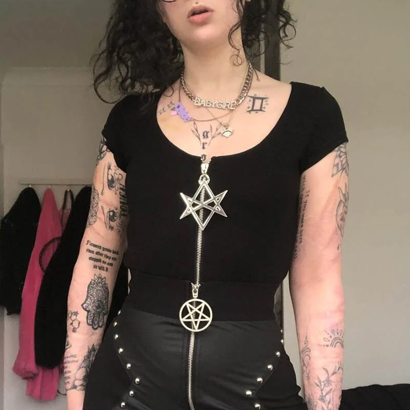 Summer Women Black Crop Tops Star Zipper Short Sleeve Gothic Tops Solid Basic Lady Short Tshirts Casual Bodycon Female Tops