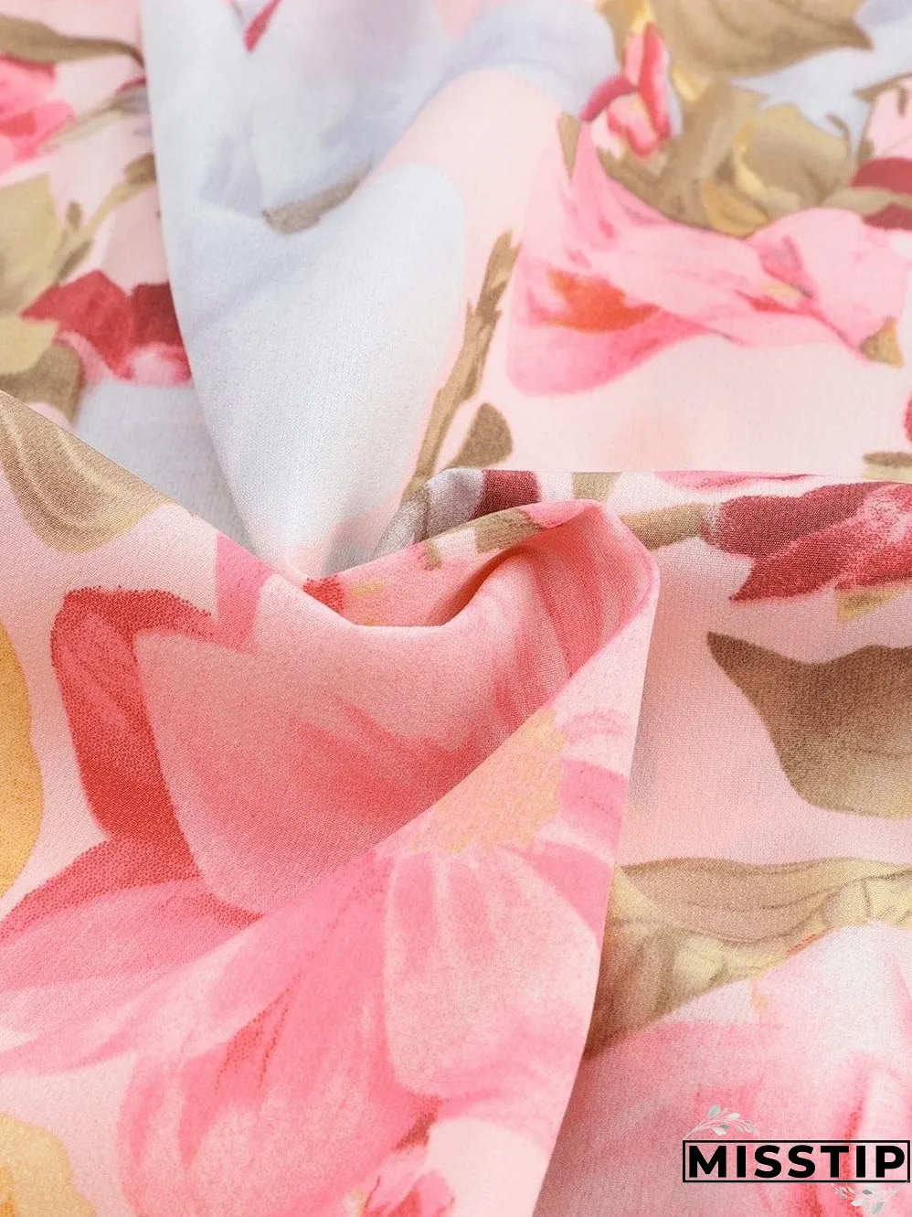 Pink Floral Loose Fit Blouse with Shirred Cuffs