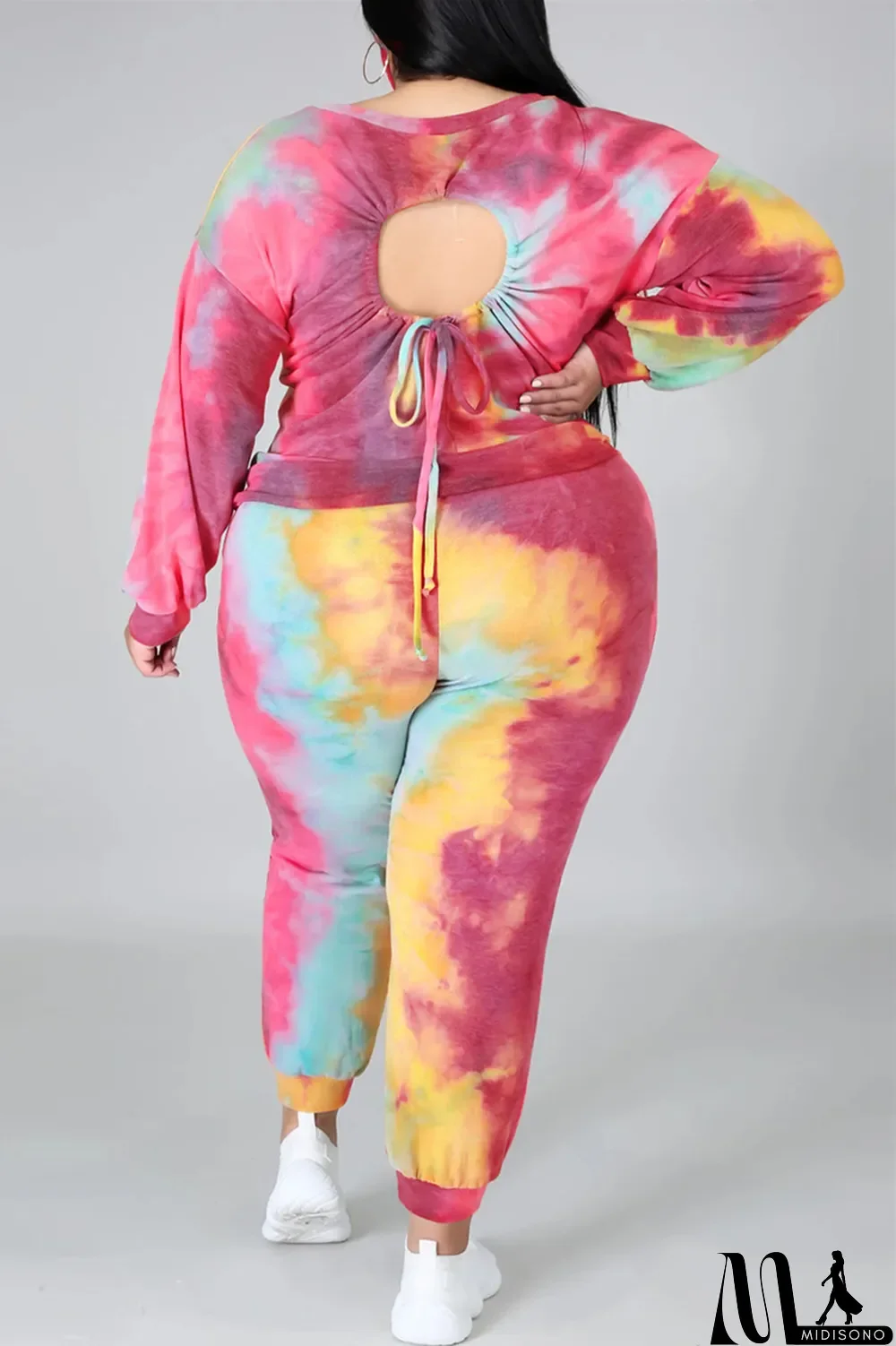 MidiSono - Multicolor Fashion Casual Print Tie Dye Backless O Neck Plus Size Two Pieces