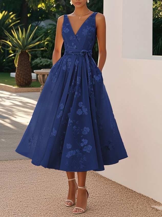 Women's Blush Floral Embroidered Midi Dress, V-Neck Tie-Waist A-Line Formal Gown