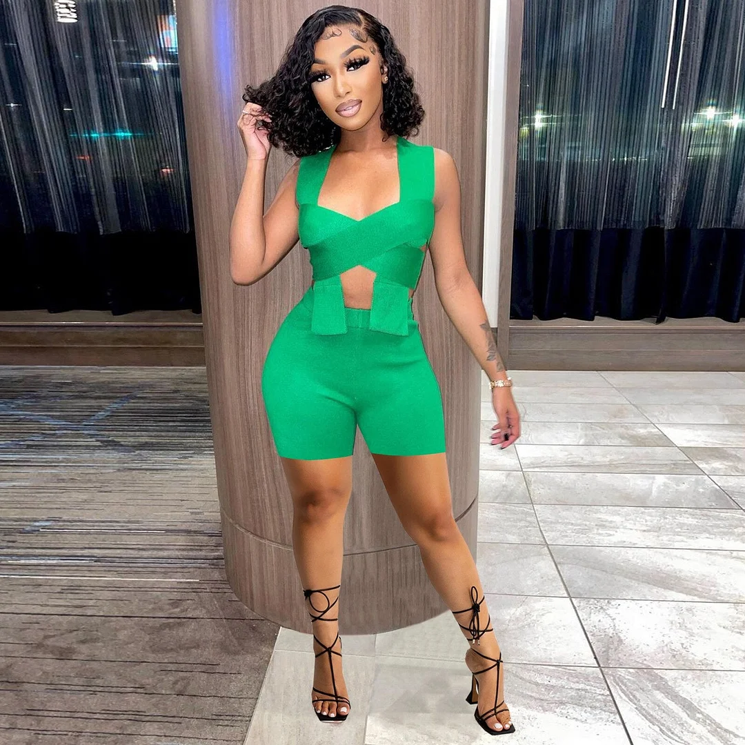 CM.YAYA Sexy Women's Tracksuit Halter Neck Twist Crop Tops and Straight wide leg Pants Suit Matching Two 2 Piece Set Outfits