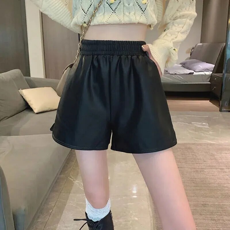 Leather Shorts Women Spring Summer Outdoor Wear Fat Mm High Waist Loose Casual Shoes Versatile Straight Cylinder Pants