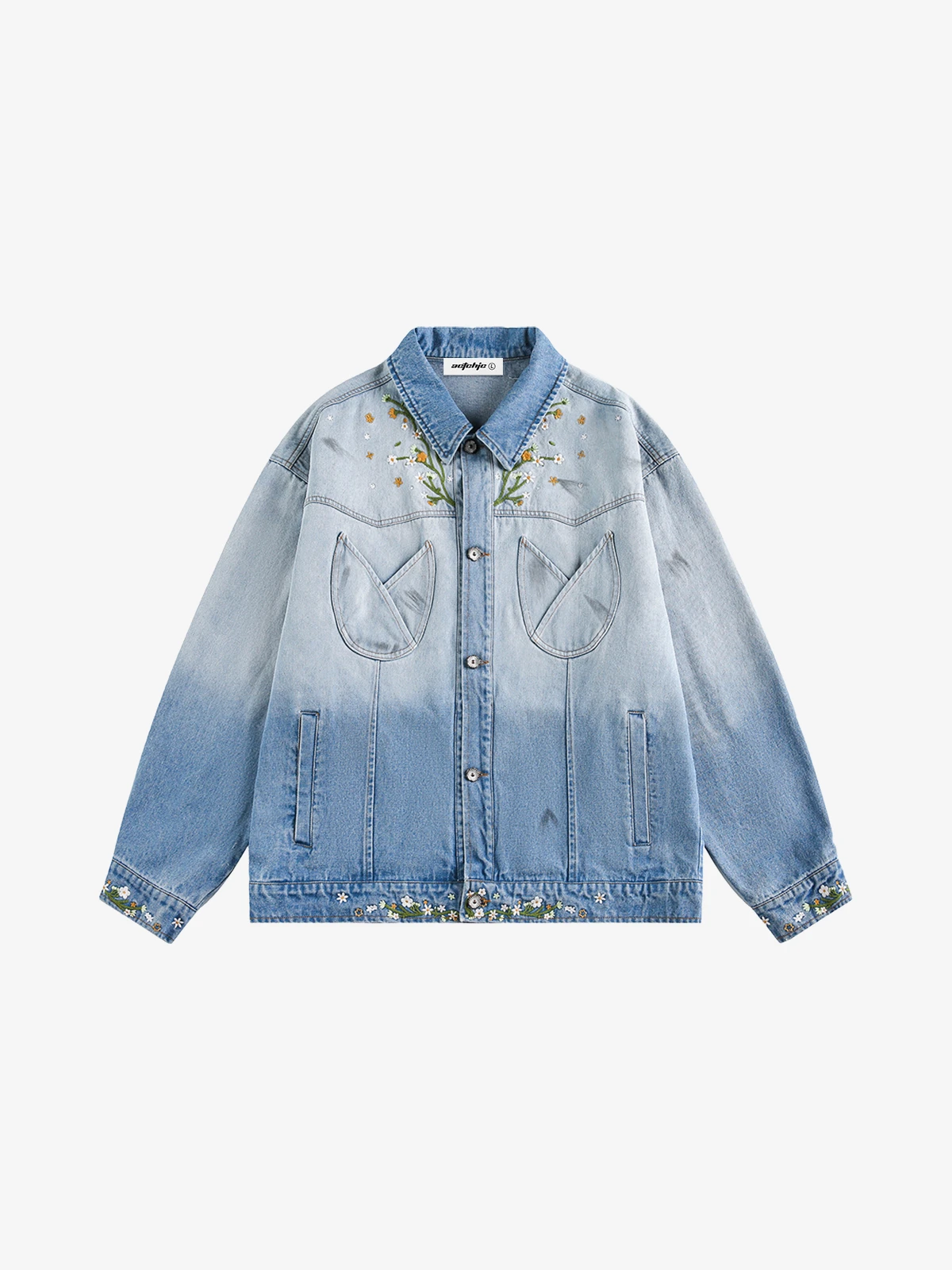 Blue Actchic Floral Embroidered Gradient Washed Denim Jacket Front