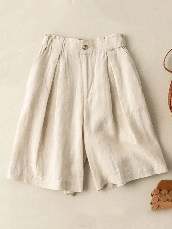 Vintage Solid Color Pleated High Waisted Shorts