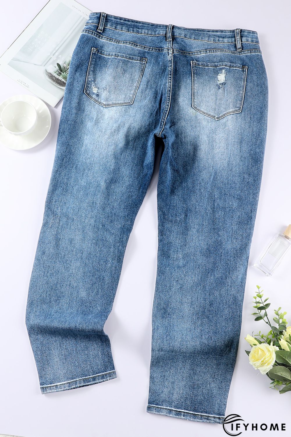 Blue Plus Size Distressed Slit Vintage Jeans | IFYHOME