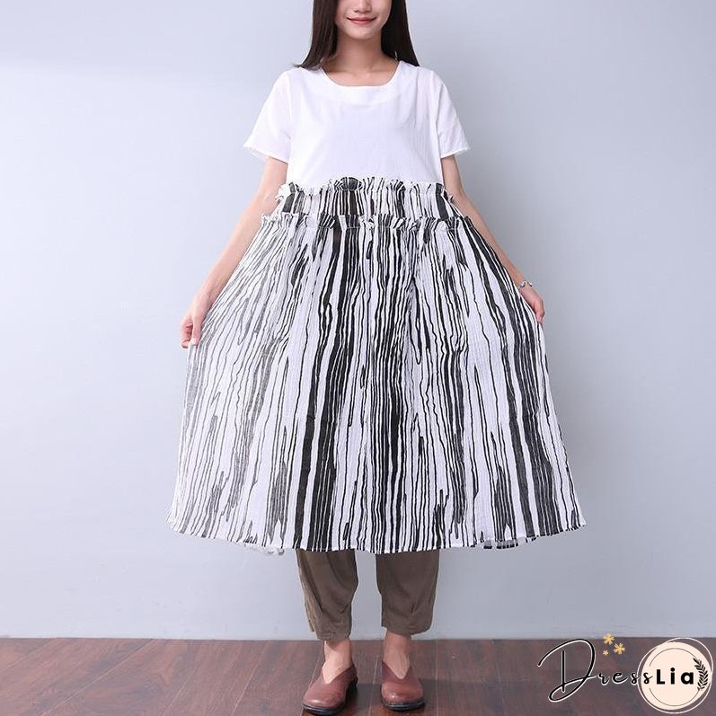 Summer Printing Women Folded Splicing White Dress