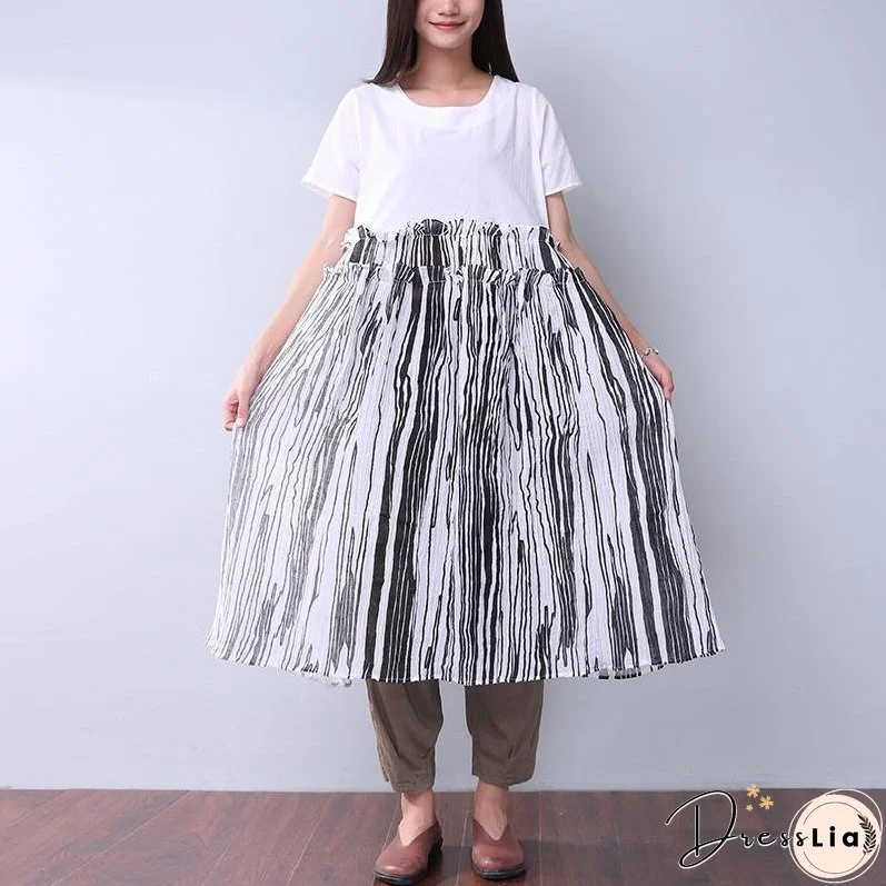 Summer Printing Women Folded Splicing White Dress