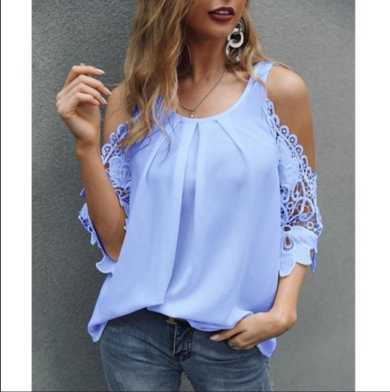 Women Short Sleeves Ruffle Pullover Vintage Lace Blouse