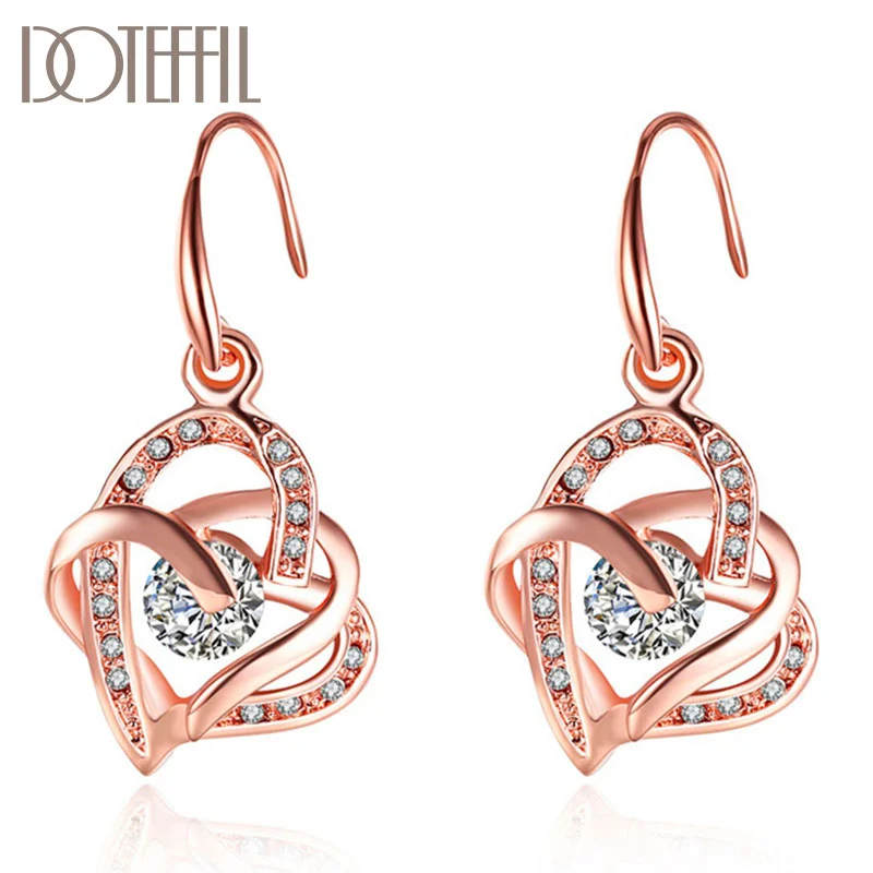 DOTEFFIL 925 Sterling Silver Rose Gold Heart-Shaped AAA Zircon Earrings Charm Women Jewelry 