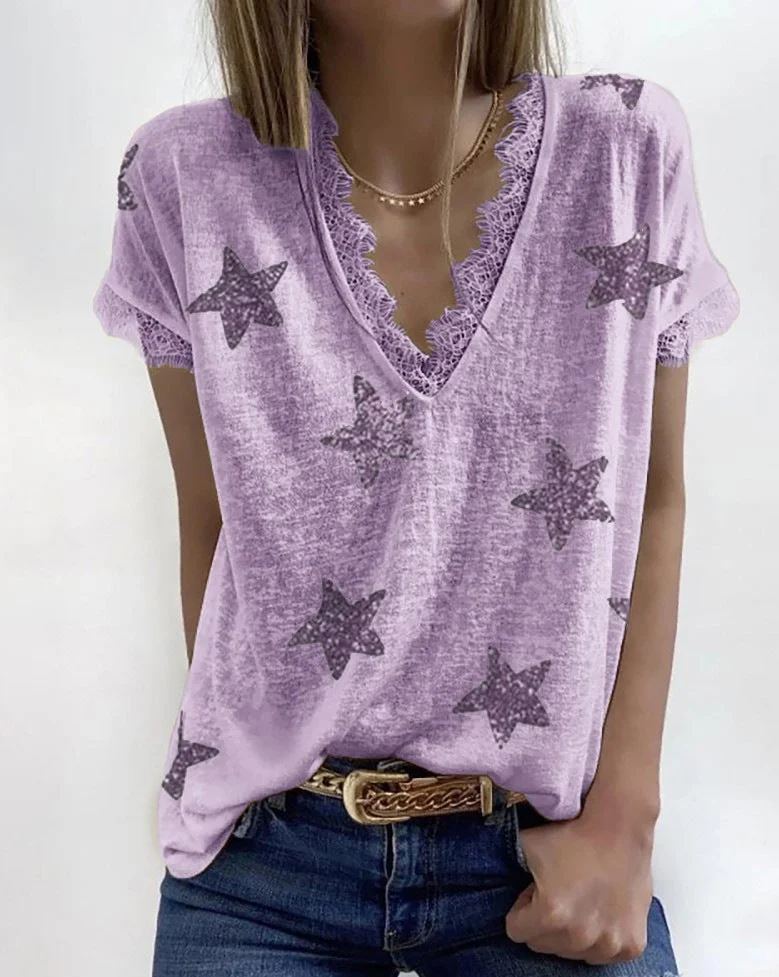 Women's Summer V-neck Lace Loose Print T-shirt