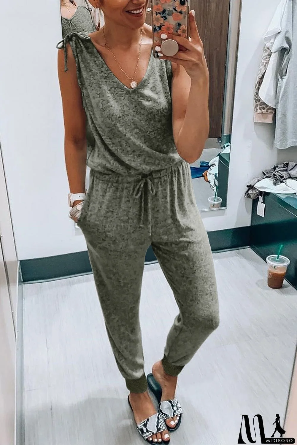 MidiSono - V Neck Tied Drawstring Sleeveless Jumpsuit