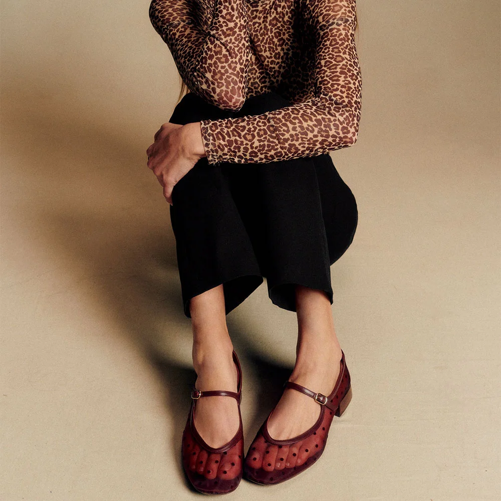 Mesh Square Toe Flat Polka Dot Mary Jane Shoes for Women in Maroon