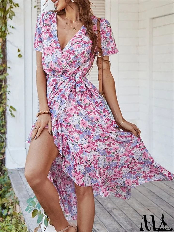 MidiSono - Sexy V-Neck Floral Printed Irregular Hem Dresses