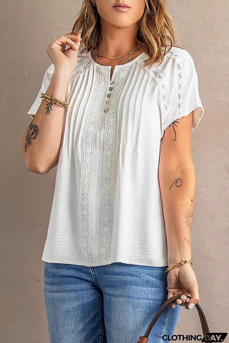 Chic White Crochet Eyelet Short Sleeves Blouse Top