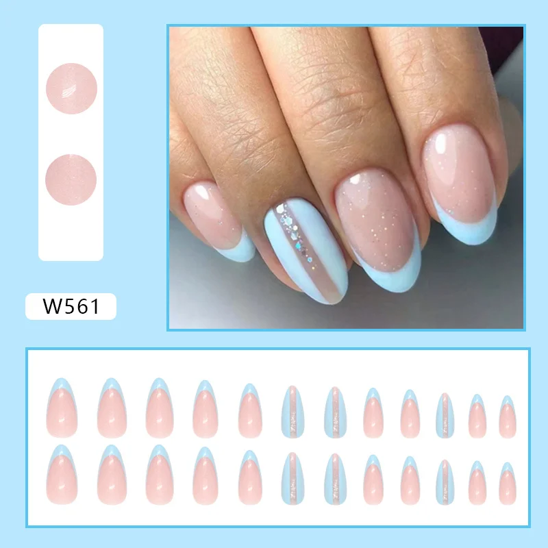 Churchf Churchf Fresh Almond Nail Light Blue Simple Nail Light Luxury Ins Wind Fake Nail Fashion Wear Armor