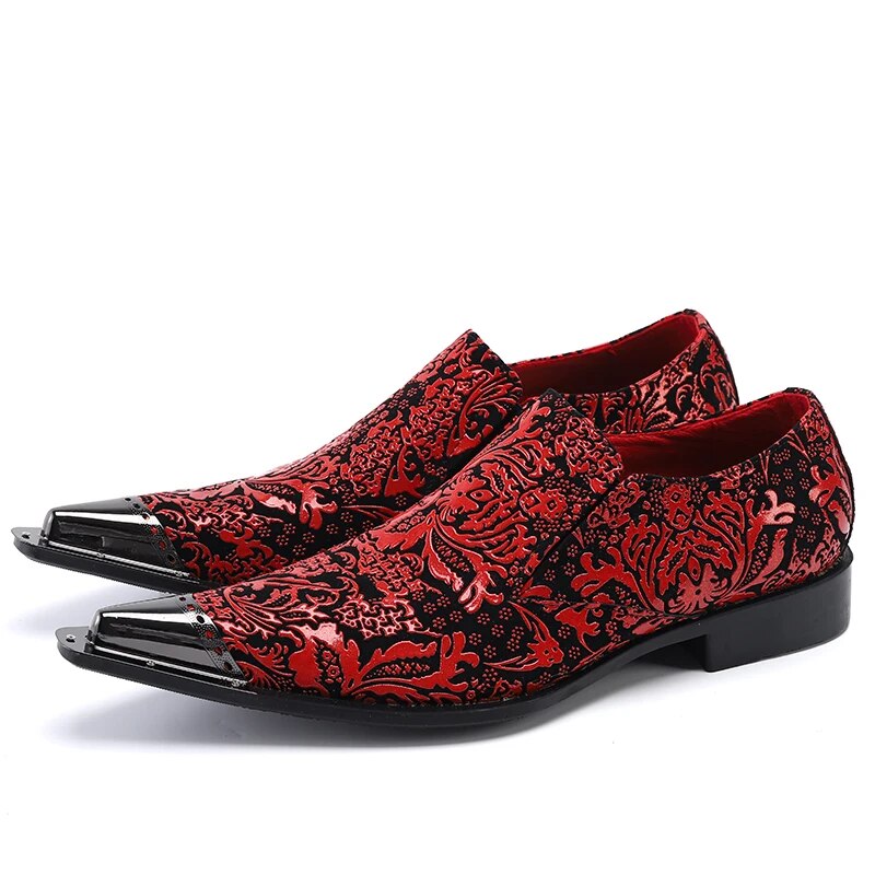 VCSHOES Zapatos Plus Size Italian Red Print Pointed Toe Genuine Leather Men Shoes Casual Business Shoes Gentleman Party Dress Shoes