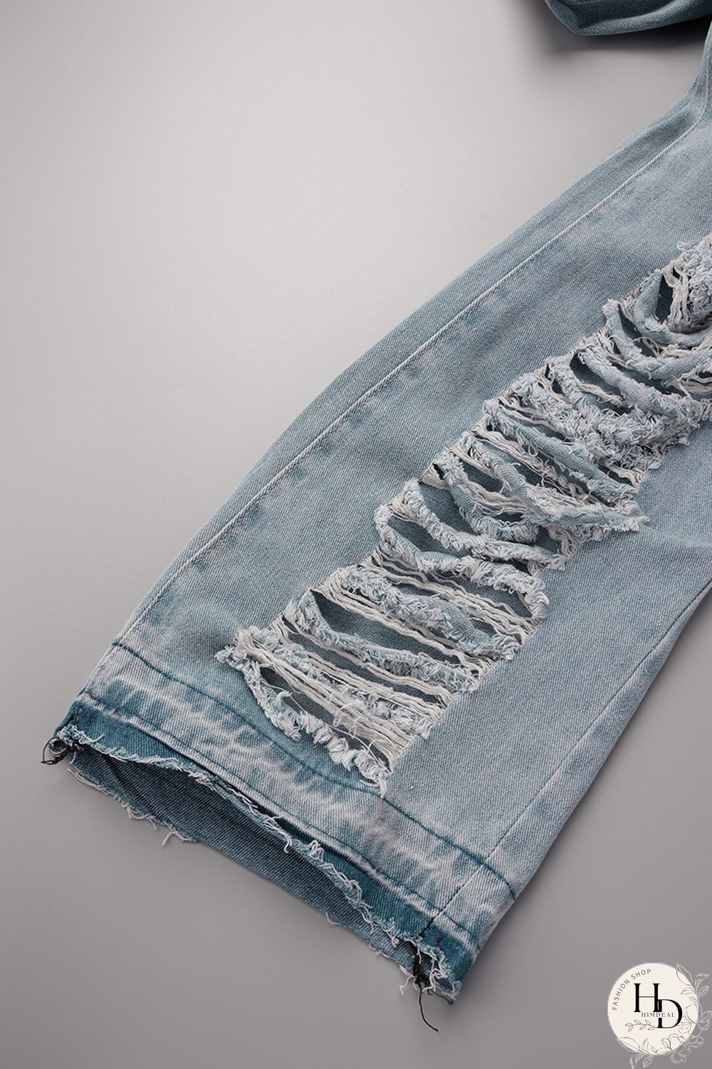 Sky Blue Street Solid Ripped Make Old Patchwork High Waist Denim Jeans