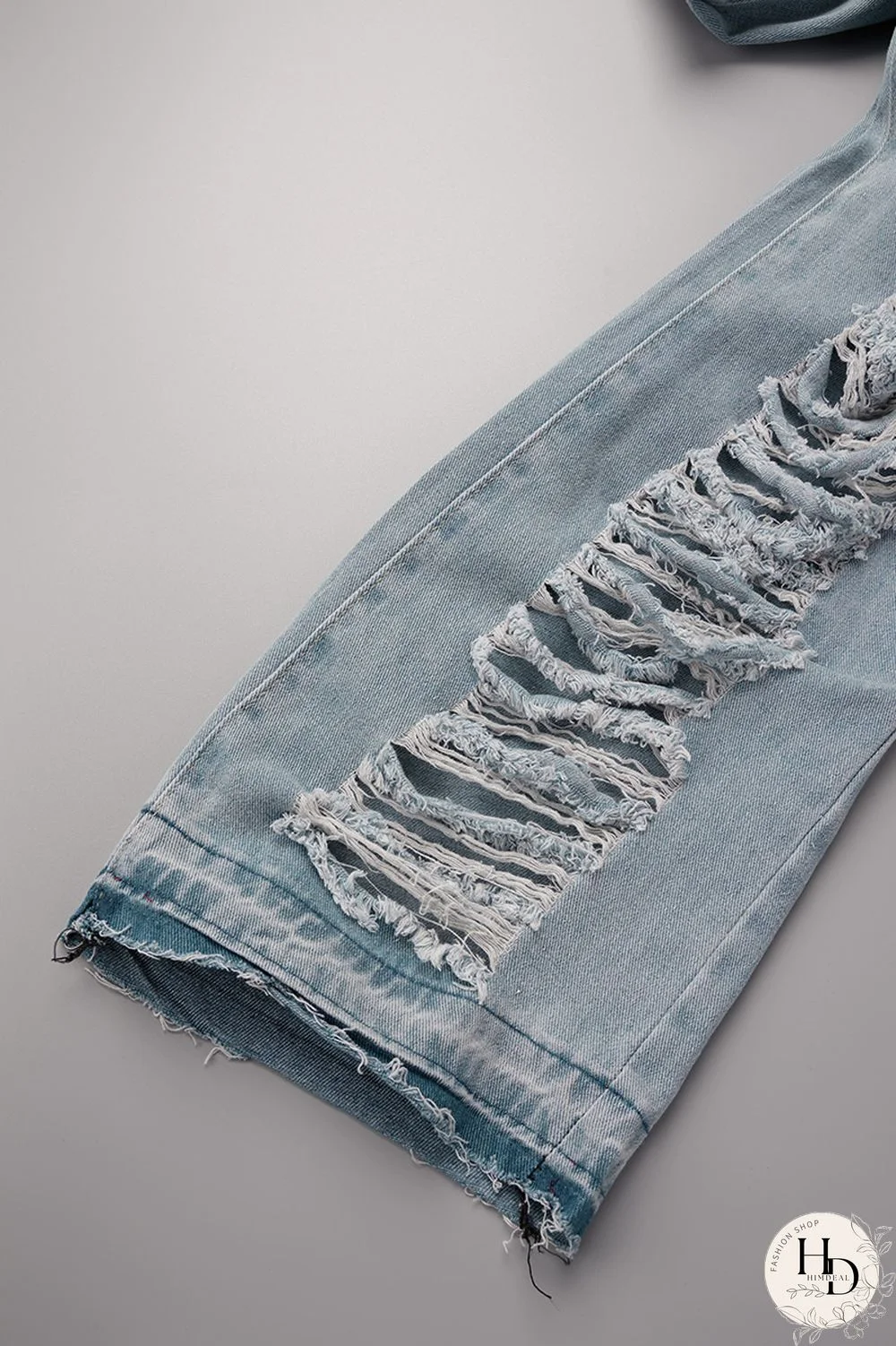 Sky Blue Street Solid Ripped Make Old Patchwork High Waist Denim Jeans