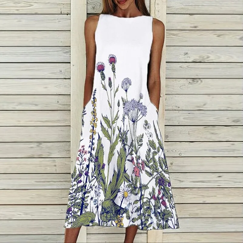 Dress 2022 O Neck Flower Print Summer Dresses For Women Fashion Pocket Sleeveless Dress Female Casual Loose Party Dress