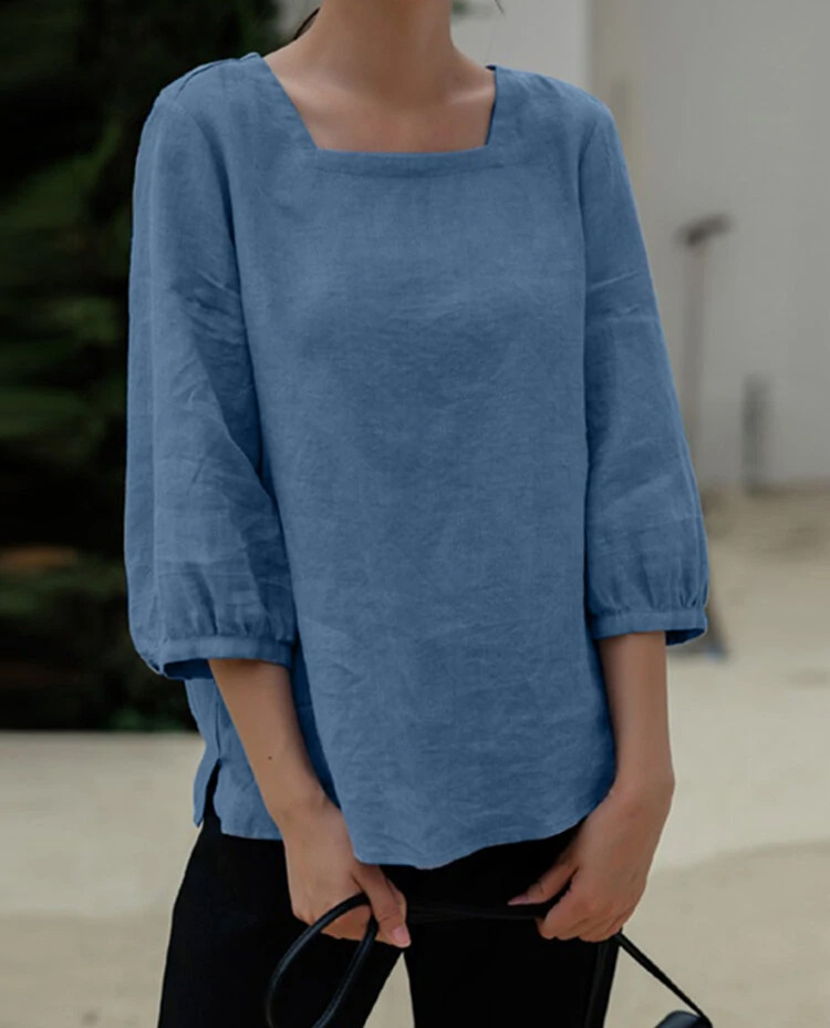 Linen Slit Hem Square Neck Shirt