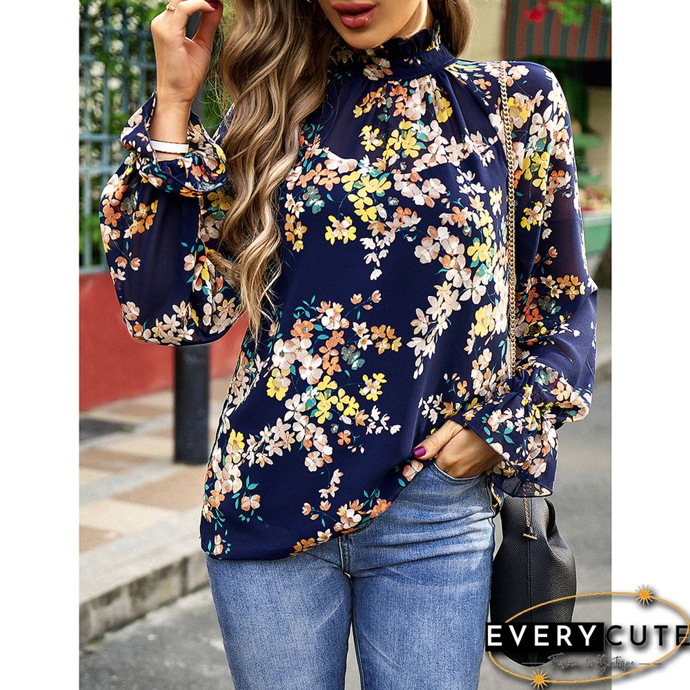 Navy Blue Floral Print Chiffon Long Sleeve Blouse