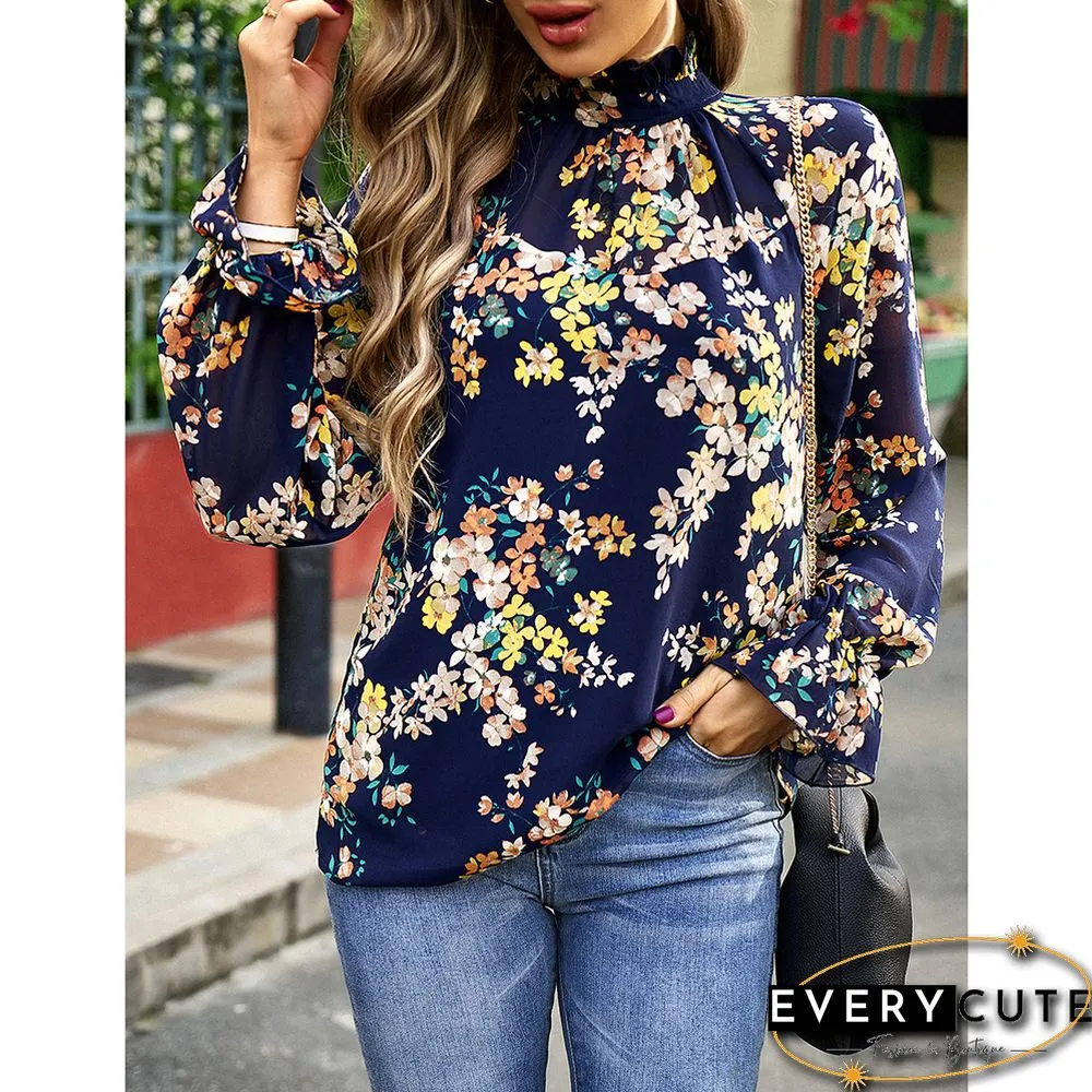 Navy Blue Floral Print Chiffon Long Sleeve Blouse