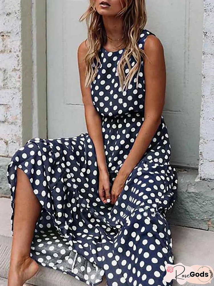 Women's Swing Dress Maxi Long Dress - Sleeveless Polka Dot Spring & Summer Hot Elegant Slim Black Yellow Navy Blue Khaki Green Black Dresses