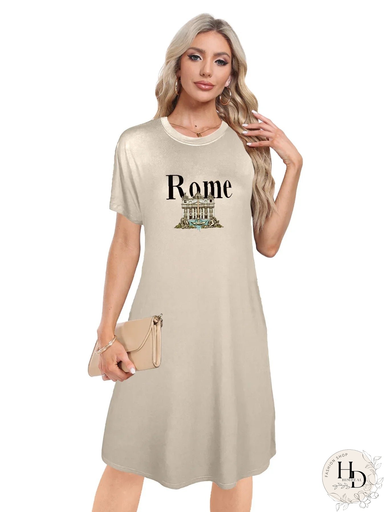 Detailed Trevi Fountain With Rome Print Crew Neck Tee Dress Casual Short Sleeve Dress For Spring & Summer Women's Clothing