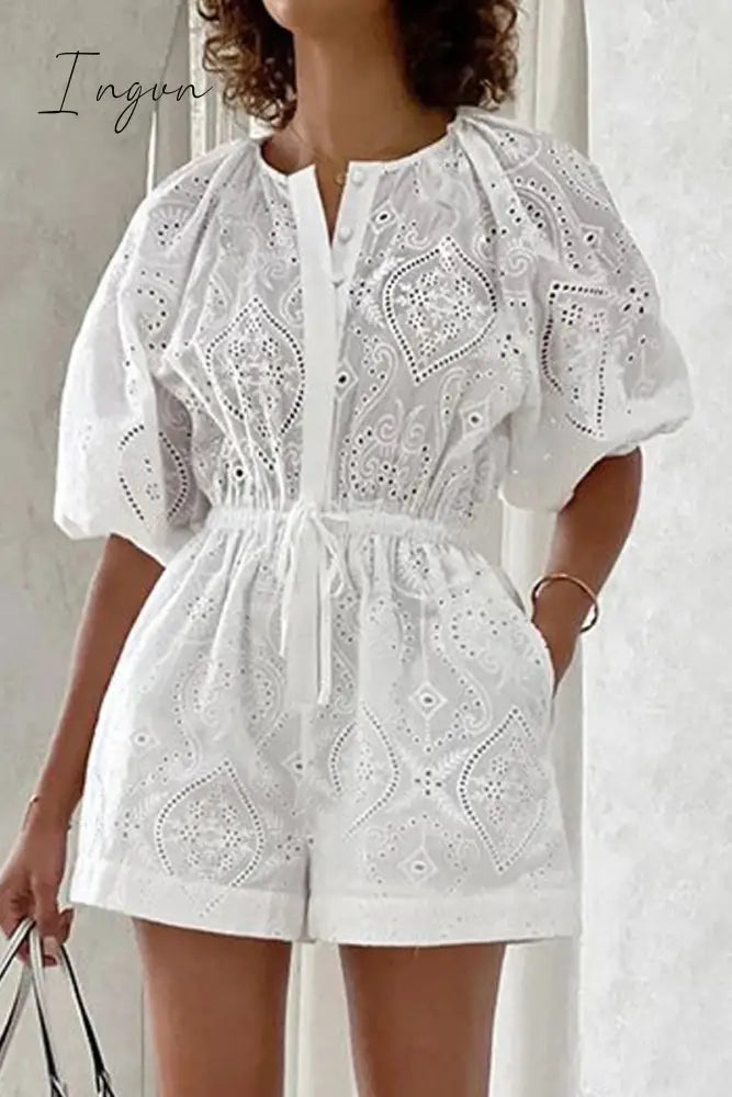 Ingvn - Casual Simplicity Solid Hollowed Out Draw String Pocket O Neck Loose Rompers White / S