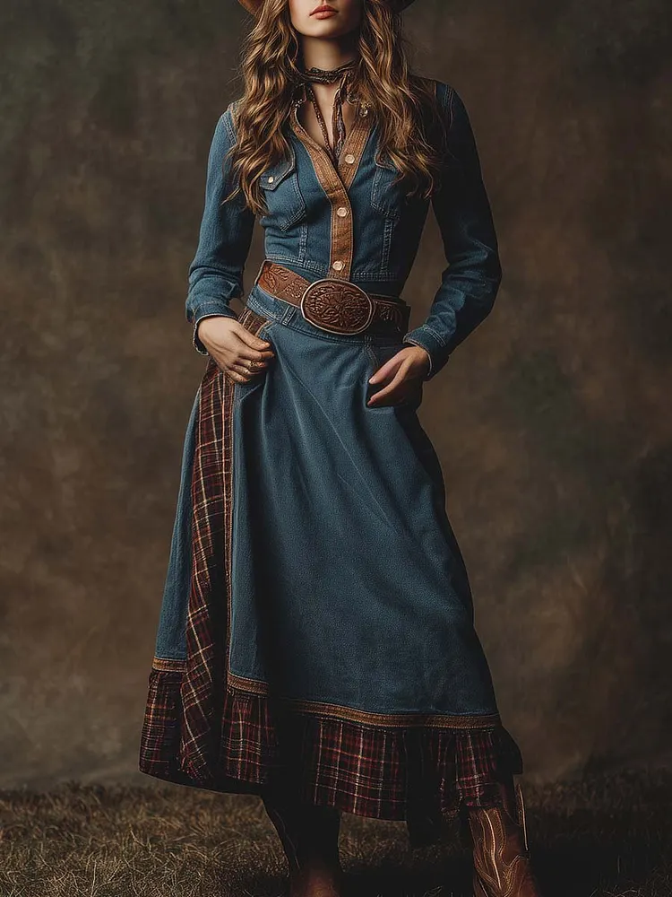 Retro Western Lapel Front Button Plaid Trim Blue Denim Midi Dress