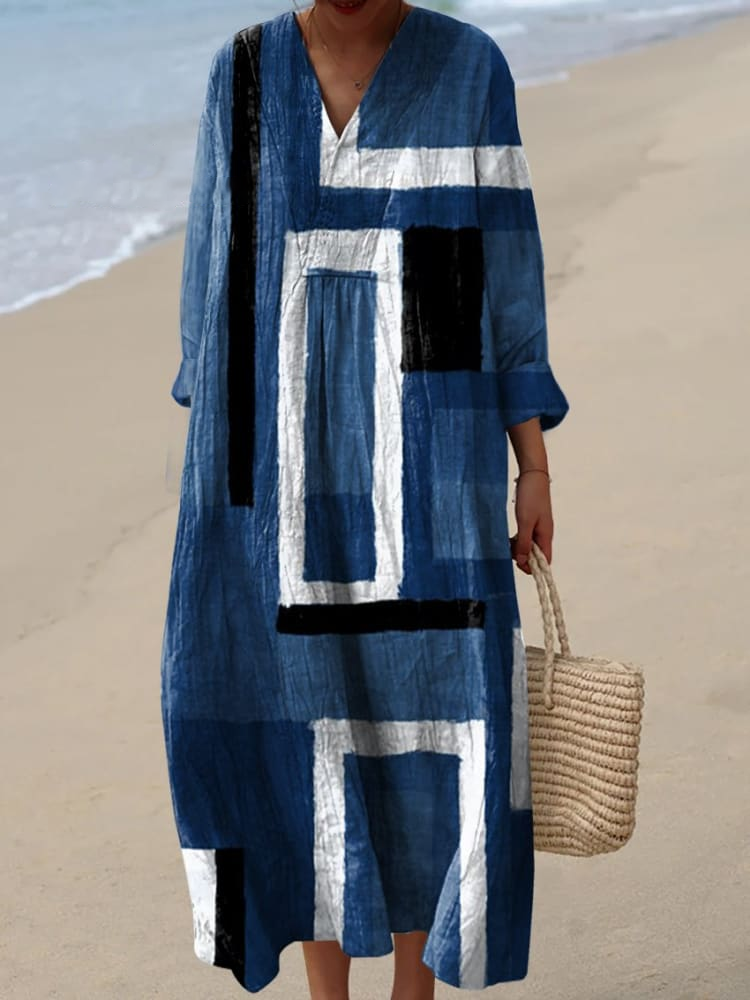 Womens Retro Square Geometric Color Pattern Print Casual Dress