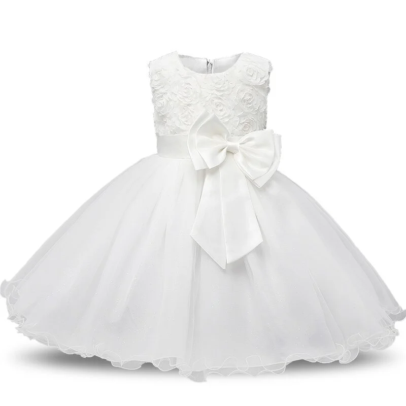 Uveng New Winter Baby Girl Dress 1 year Birthday Dress White Lace Baptism Vestido Infantil Bowknot Princess Dresses for Wedding Party