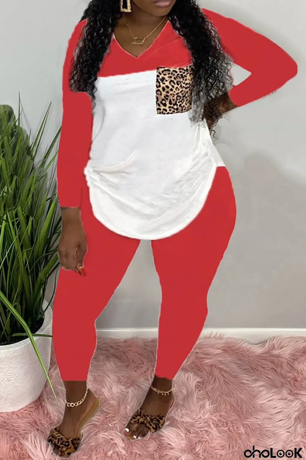 Red Fashion Casual Patchwork Patchwork O Neck Plus Size Set