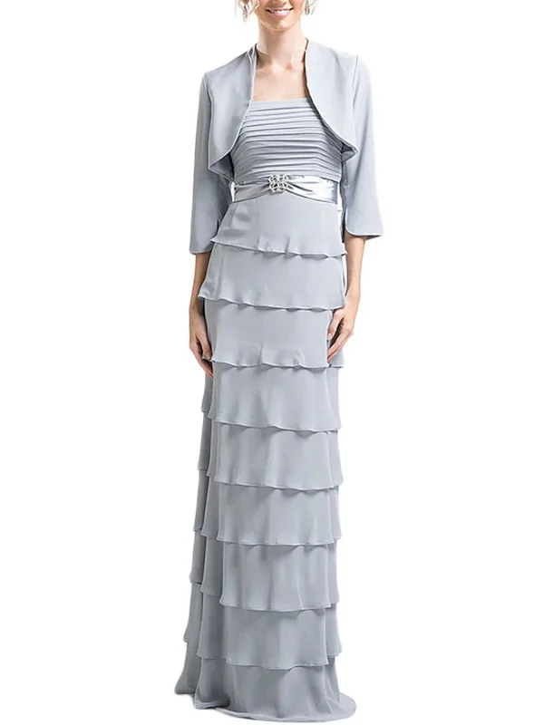 Pleated Straight Tiered Column Dress With Bolero