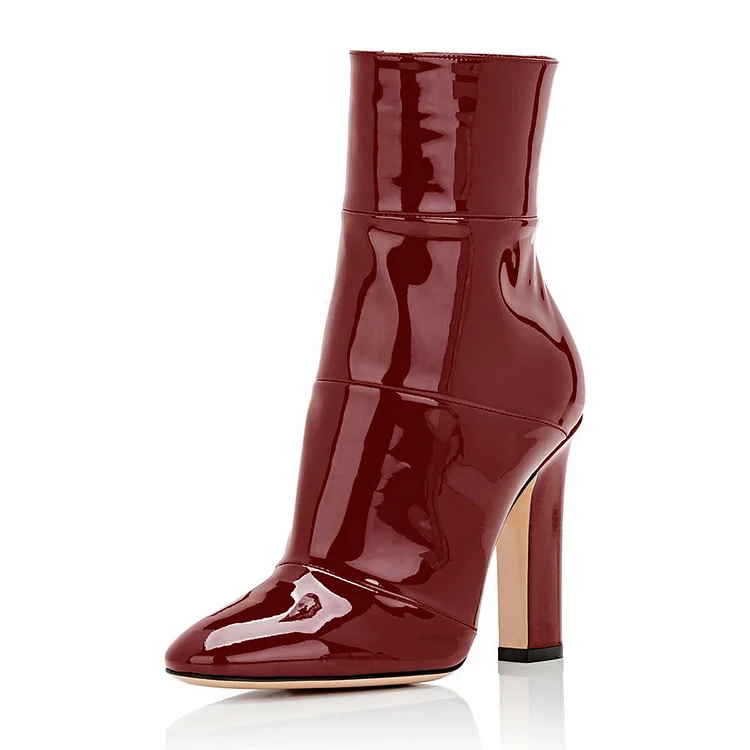 Red Chunky Heel Boots Patent-leather Ankle Boots for Work |FSJ Shoes