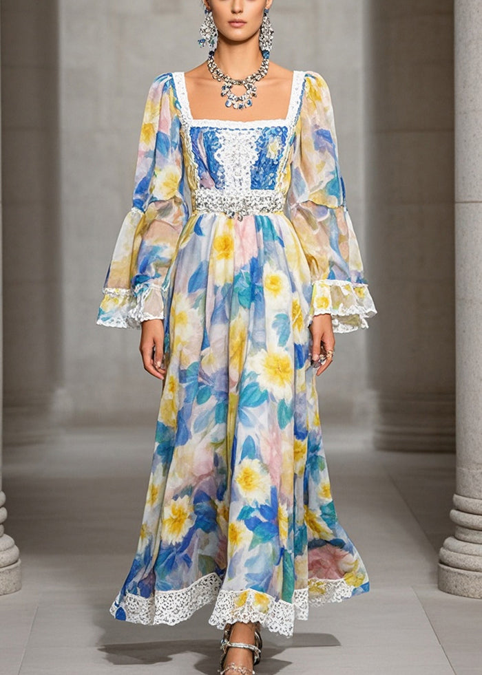 VCSHOES Square Collar Print Chiffon Full Dresses Fall