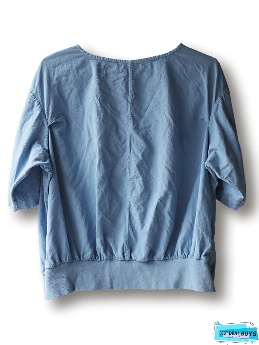 Women Summer Casual Solid Loose Cotton V-Neck Shirt