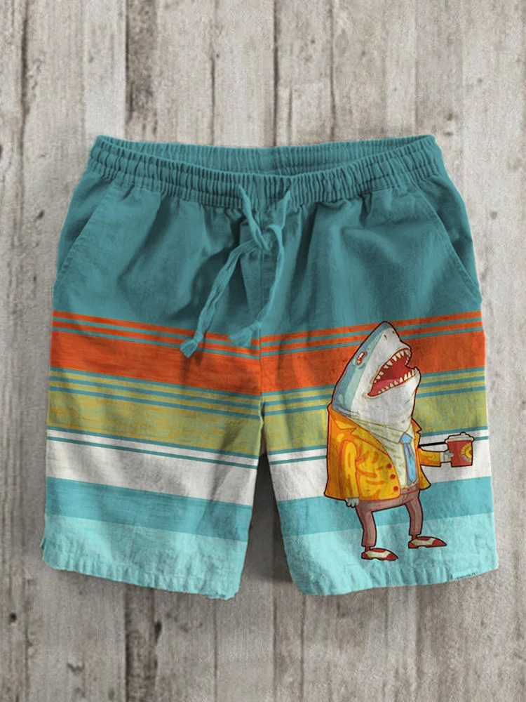 Mug Shark & Stripe Pattern Men's Linen Shorts
