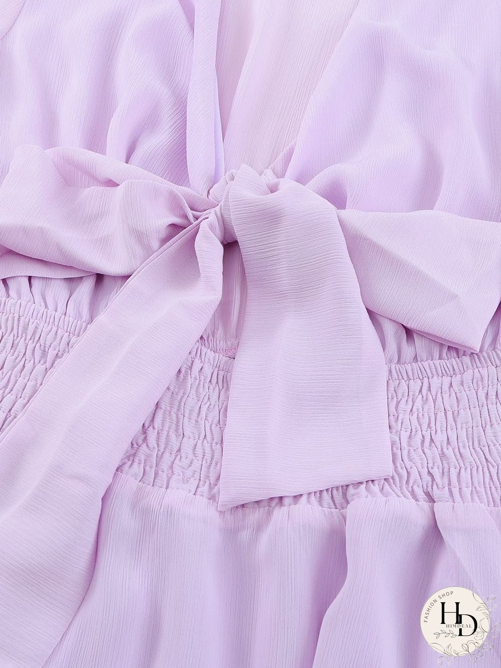 Lantern Sleeve Knotted Tiered Mini Dress with Deep V Neck