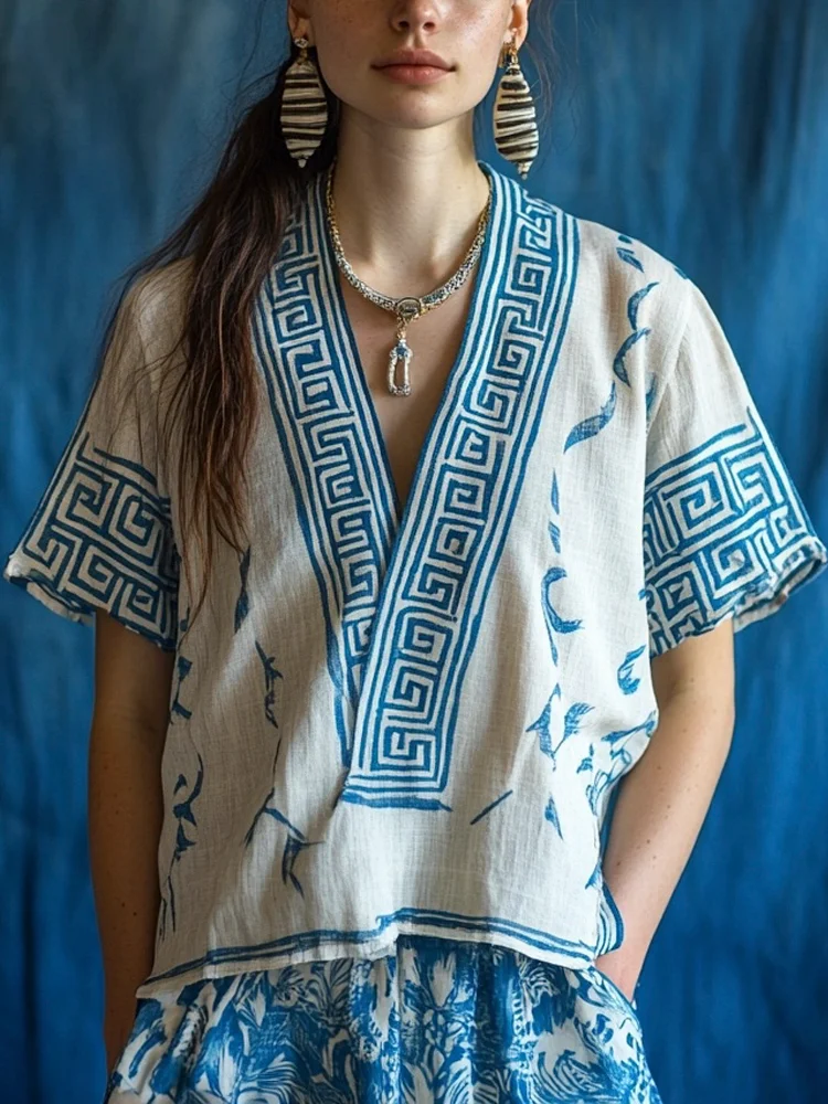 Greek Key Pattern Women's Deep V Linen Short Sleeve Shirt