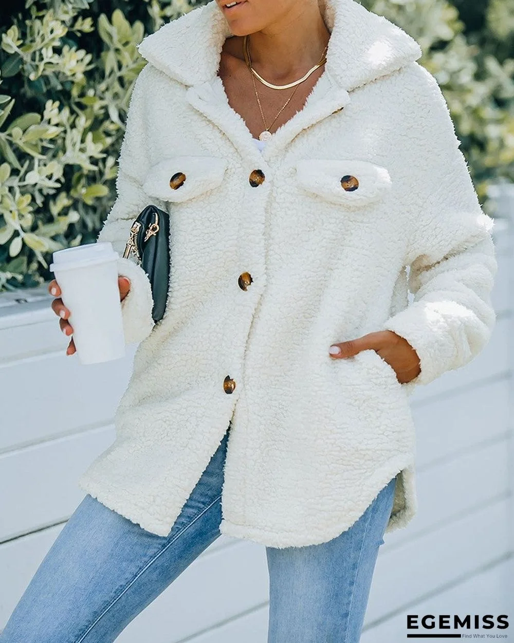 Pocket Button Design Long Sleeve Fluffy Coat | EGEMISS