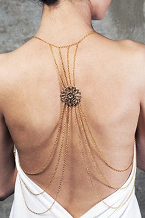 Gold Layered Floral Pattern Back Sexy Back Body Chain Necklace-elleschic