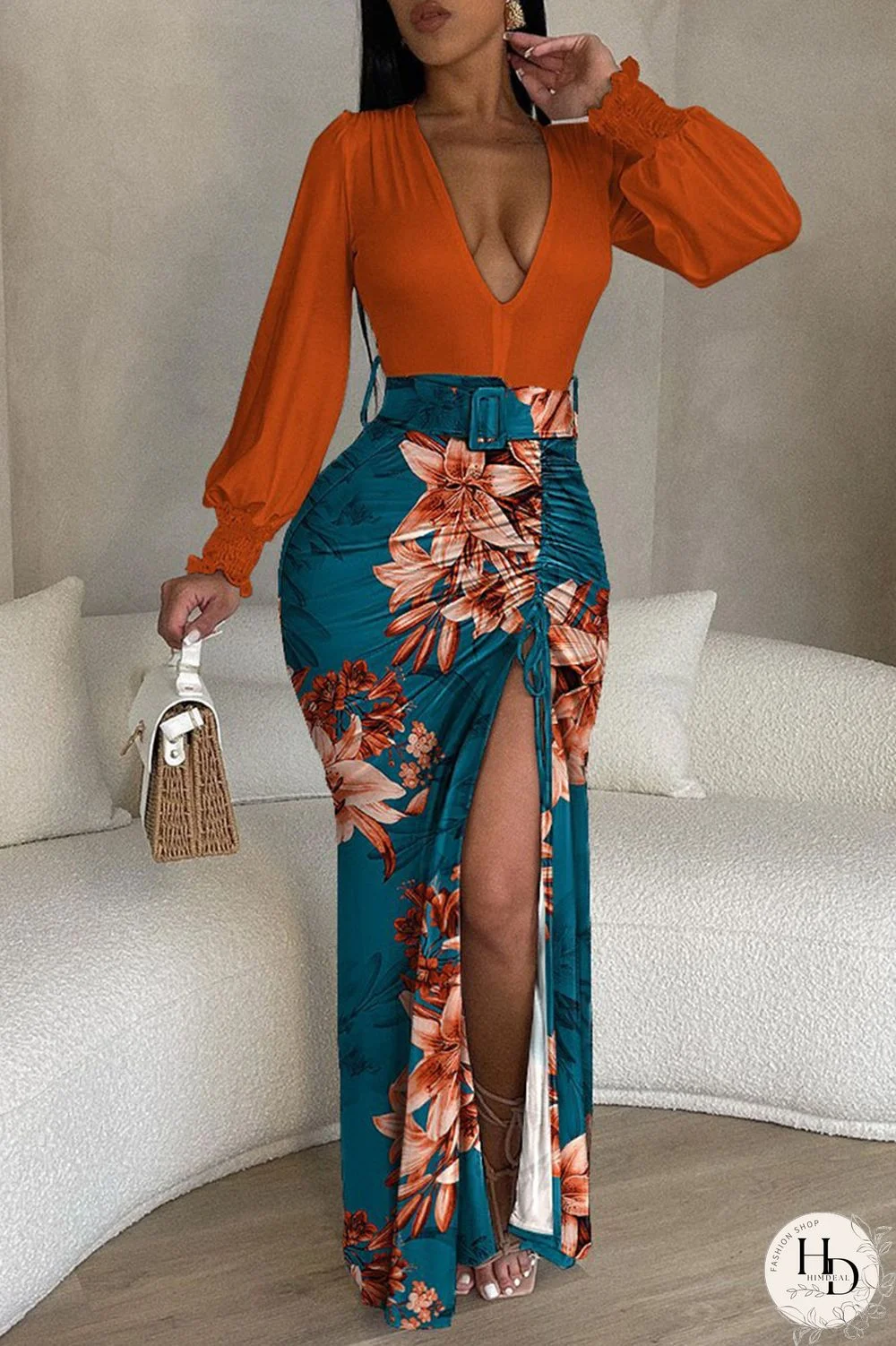 Yellow Sexy Street Print Draw String Slit V Neck Irregular Dress Dresses(With Belt)