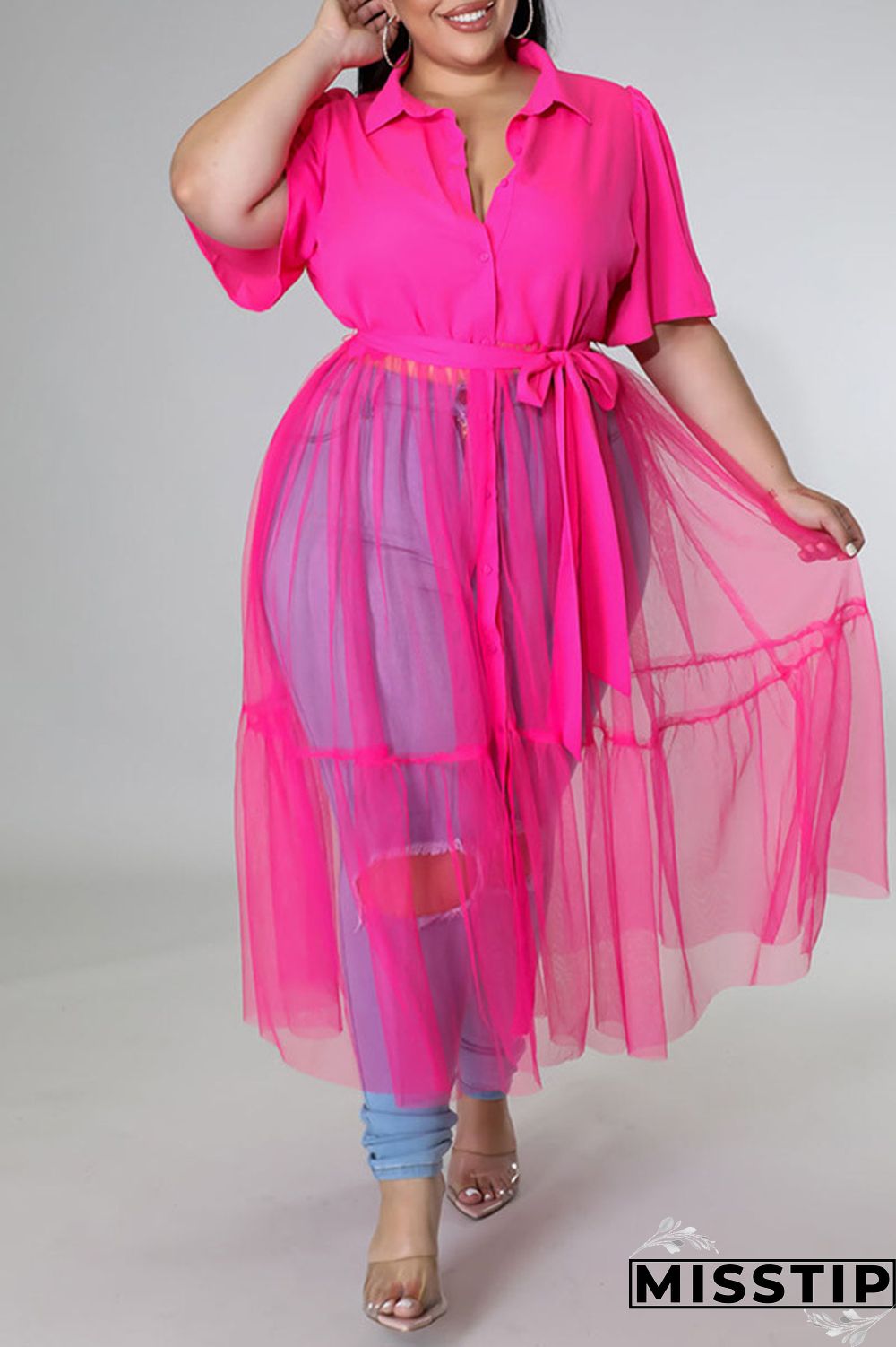 Black Casual Solid Patchwork Buckle Turndown Collar Plus Size Dresses